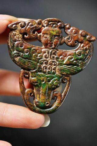 Rare Chinese Old Jade Hand Carved Dragon/people/ Cattle Head Pendant H98