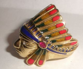 Rare Vintage 14k Gold Indian Chief Head Headdress Ruby Enamel Ring Size 9 27gr