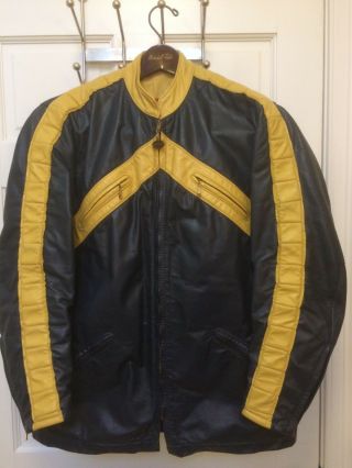 Vintage Bates Leather Jacket,  Size 42,  Usa Made,  Navy Blue/yellow Bmw Colors