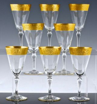 Very Fine Set Of 8 Depression Era Elegant Gold Rim Sherry Vodka Glasses 5 Inches