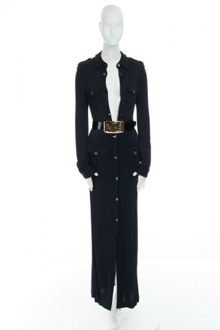 runway GUCCI TOM FORD Vintage AW96 gold belt black button safari dress IT42 S 3
