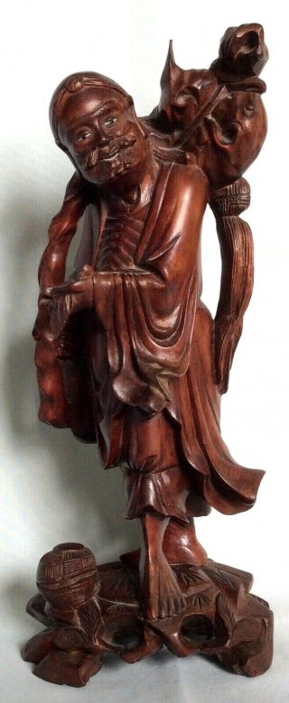 Antique 19th C Chinese Beautifully Carved Hardwood Figurine Man With Bird