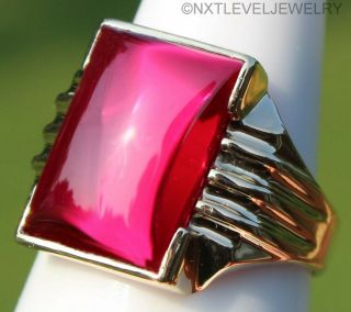 Antique 1920 ' s Art Deco LARGE Ruby Cabochon 10k Solid Yellow Gold Men ' s Ring 2