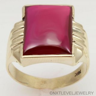 Antique 1920 ' s Art Deco LARGE Ruby Cabochon 10k Solid Yellow Gold Men ' s Ring 3