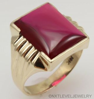 Antique 1920 ' s Art Deco LARGE Ruby Cabochon 10k Solid Yellow Gold Men ' s Ring 5