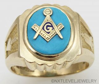 Vintage 1950 ' s Masonic Symbol Set in Natural Turquoise 10k Solid Gold Men ' s Ring 2