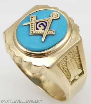 Vintage 1950 ' s Masonic Symbol Set in Natural Turquoise 10k Solid Gold Men ' s Ring 3