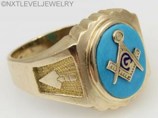 Vintage 1950 ' s Masonic Symbol Set in Natural Turquoise 10k Solid Gold Men ' s Ring 4