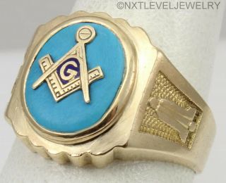 Vintage 1950 ' s Masonic Symbol Set in Natural Turquoise 10k Solid Gold Men ' s Ring 5