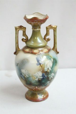 Art Nouveau Royal Dux Flowers Green Irridescent Scrolled Handled Porcelain Vase