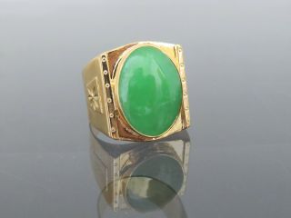 Vintage 18k Solid Yellow Gold Oval Green Jadeite Jade Men 