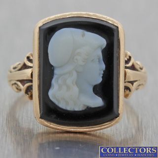1880s Antique Victorian 14k Rose Gold Carved Cameo Onyx Cocktail Ring C8