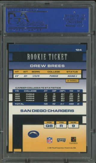 2001 Contenders Rookie Ticket Drew Brees Chargers RC AUTO /500 PSA 10 