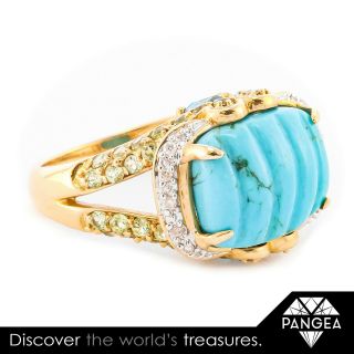 14k Yellow Gold Cabochon Persian Turquoise Peridot Sapphire Diamond Ring 0.  05ctw