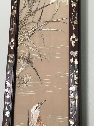 ANTIQUE DYNASTY CHINESE SILK EMBROIDERY PANEL SOLID WOOD MOTHER OF PEARL FRAME 4