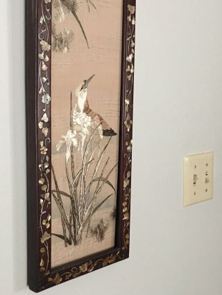 ANTIQUE DYNASTY CHINESE SILK EMBROIDERY PANEL SOLID WOOD MOTHER OF PEARL FRAME 5
