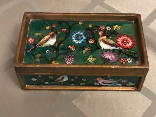 Vintage Mexican Wood Trinket Jewelry Box With Reverse Painted Glass Top & Sides
