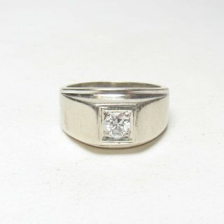 Mens 1930s Vintage 14k White Gold 0.  35 Ct European Cut Diamond Solitaire Ring