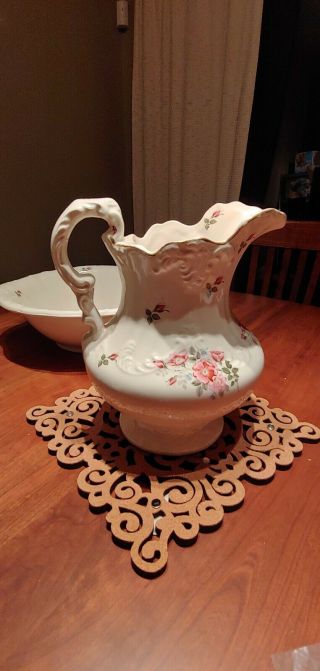 Antique Porcelain Pitcher and Wash Basin Bowl Set Floral with Gold Trim 2