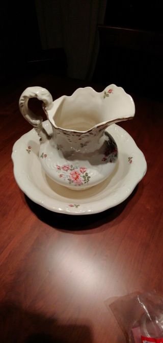Antique Porcelain Pitcher and Wash Basin Bowl Set Floral with Gold Trim 5