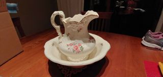 Antique Porcelain Pitcher and Wash Basin Bowl Set Floral with Gold Trim 6