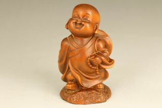 Blessing Old Boxwood Hand Carved Buddha Statue Netsuke Collect Bring Money Gift