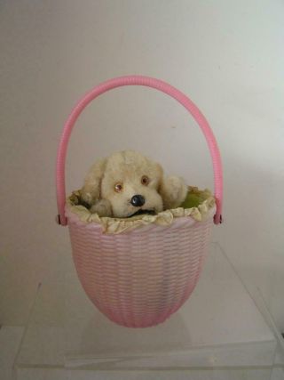 Vintage Wind Up Mechanical Toy Little Puppy In Pink Basket Made In Japan