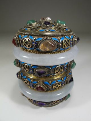 Antique Chinese Export Silver,  Jade & Enamel Box Cs200