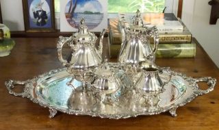 Vintage 1941 Wallace Silver Plate 5 Piece Weighted Tea Set " Baroque " Pattern