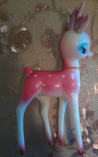 Vintage Christmas Plastic Pink Reindeer Rare Deer Gold Bell Figure Hong Kong 8 "
