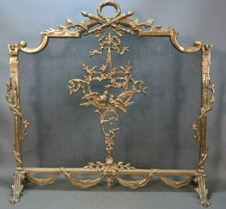 Vintage French Rococo Style Brass Ormolu Figural Birds Old Fireplace Screen