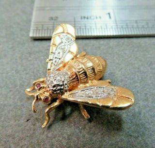 Vtg 14k Solid Gold Ruby Diamond Bee Brooch Pin Pendant Flying Insect 3.  78 Gram