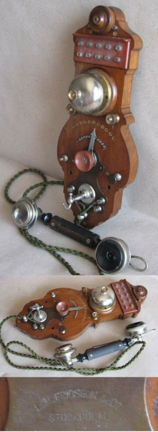 Antique Luxurious Wall Telephone Phone Ericsson Stockholm / Wooden Box / 1910s