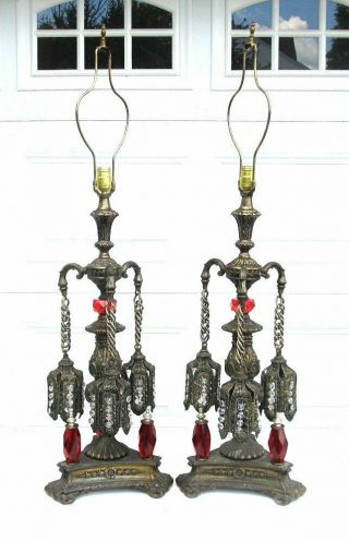 Large Pair Vintage Ornate Cast Metal Hollywood Regency Red Glass 3 Arm Lamp 30 "