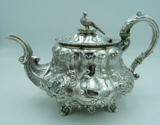 William Iv Antique 19th Century Solid Silver Teapot 1833 Pheasant Scenes Crest