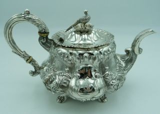 William IV Antique 19th Century Solid Silver Teapot 1833 Pheasant Scenes Crest 3