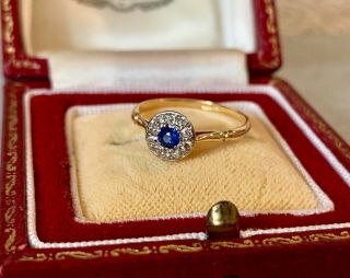 18ct Yellow Gold Art Deco Sapphire & Diamond Cluster Ring Size K Vintage