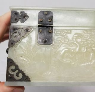 Antique Chinese Carved Nephrite White Celadon Hetian Jade Box Casket Plaque 10