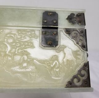 Antique Chinese Carved Nephrite White Celadon Hetian Jade Box Casket Plaque 11