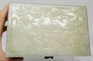 Antique Chinese Carved Nephrite White Celadon Hetian Jade Box Casket Plaque