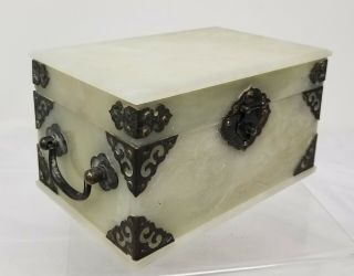 Antique Chinese Carved Nephrite White Celadon Hetian Jade Box Casket Plaque 2