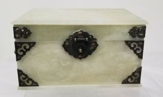 Antique Chinese Carved Nephrite White Celadon Hetian Jade Box Casket Plaque 3