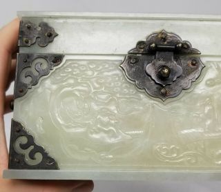Antique Chinese Carved Nephrite White Celadon Hetian Jade Box Casket Plaque 6