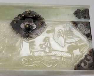 Antique Chinese Carved Nephrite White Celadon Hetian Jade Box Casket Plaque 7