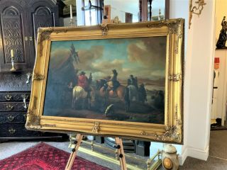 Fine V.  Large Gilt Framed Antique Oil Painting Figures On Horseback In Landscape