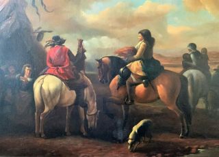 FINE V.  LARGE GILT FRAMED ANTIQUE OIL PAINTING FIGURES ON HORSEBACK IN LANDSCAPE 4