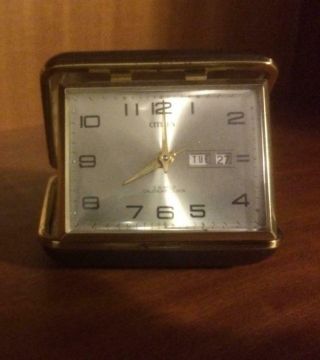 Clock - Vintage Big Travel Clock Alarm Calendar Date - Citizen Black Gold Trim