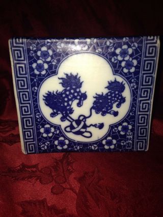 Antique Chinese Export Opium Pillow Foo Dogs Blue & White Porcelain