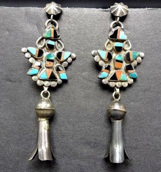 Vintage Zuni Knifewing Inlay And Sterling Squash Blossom Repurposed Earrings