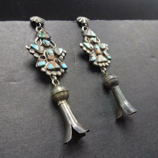 Vintage ZUNI KNIFEWING Inlay and Sterling SQUASH BLOSSOM Repurposed EARRINGS 3